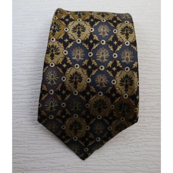 SAVILLE ROW - MEN'S GRAY BEIGE GOLD PRINT  100% SILK TIE - - Picture 1 of 8